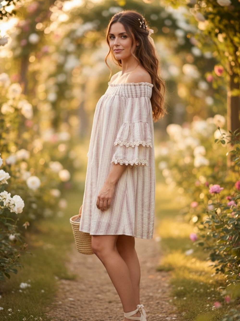 Altar’d State Cottagecore Off Shoulder Stripe Dress Bell Sleeve Tunic